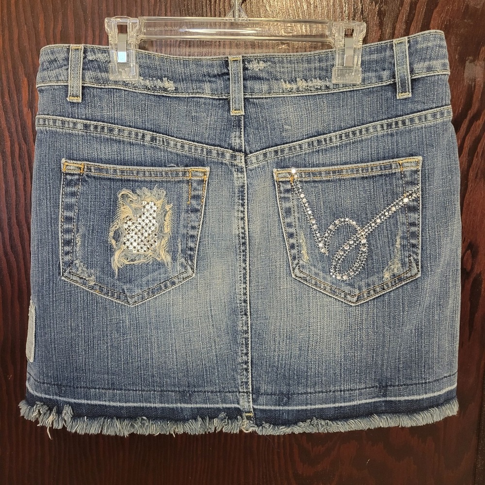 Bebe Denim Mini Skirt Raw Edge Rhinestone Accents Size 29 Y2K Vintage Bling EUC - Picture 6 of 12